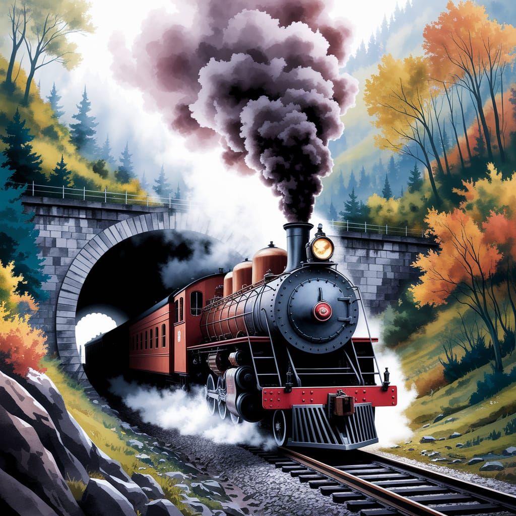 Impressionist Appalachian Steam Engine Emerge from Tunnel