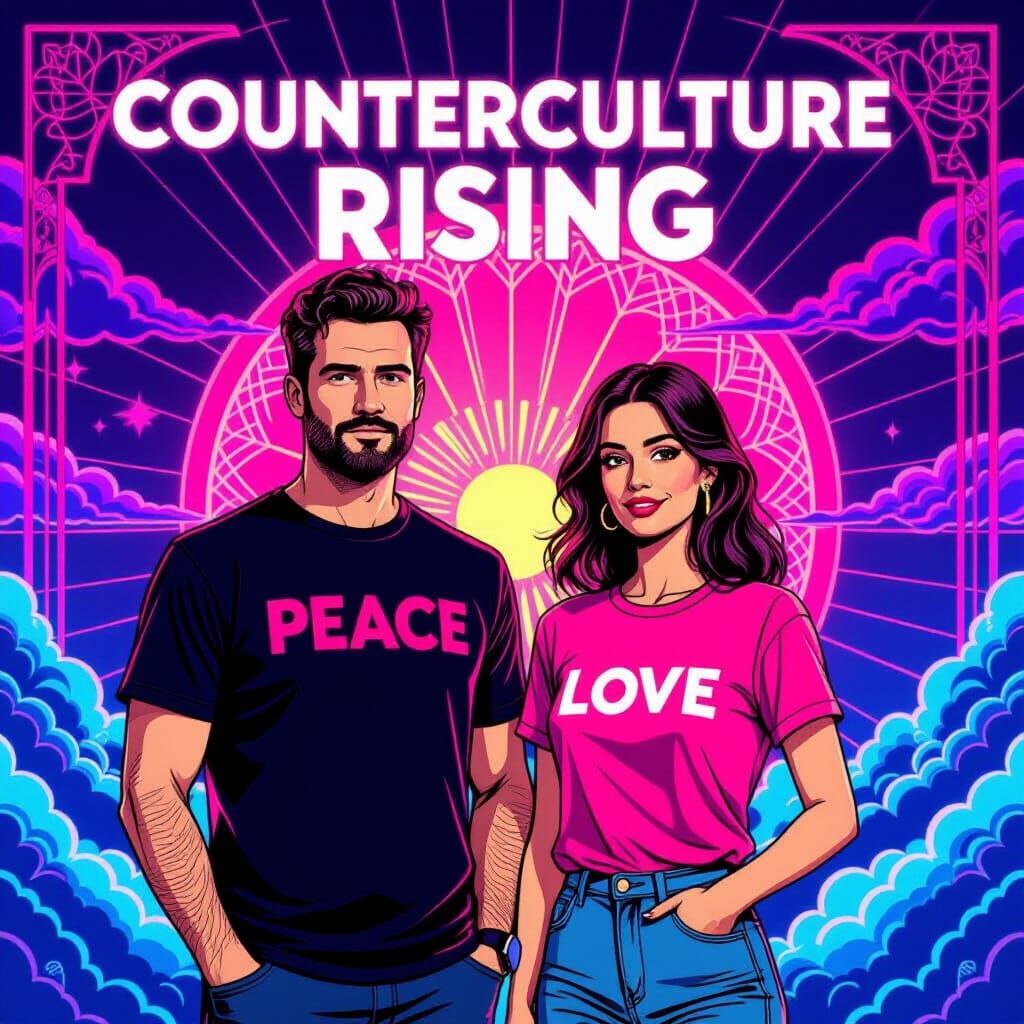 Peace and Love in a Neon Art Deco Dreamscape