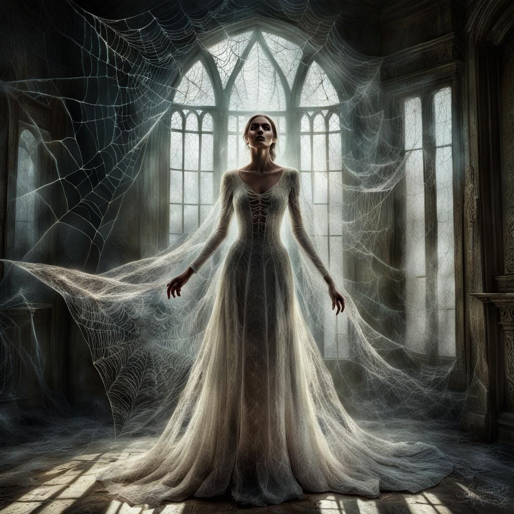 Mythical Spiderweb Goddess in Volumetric Light