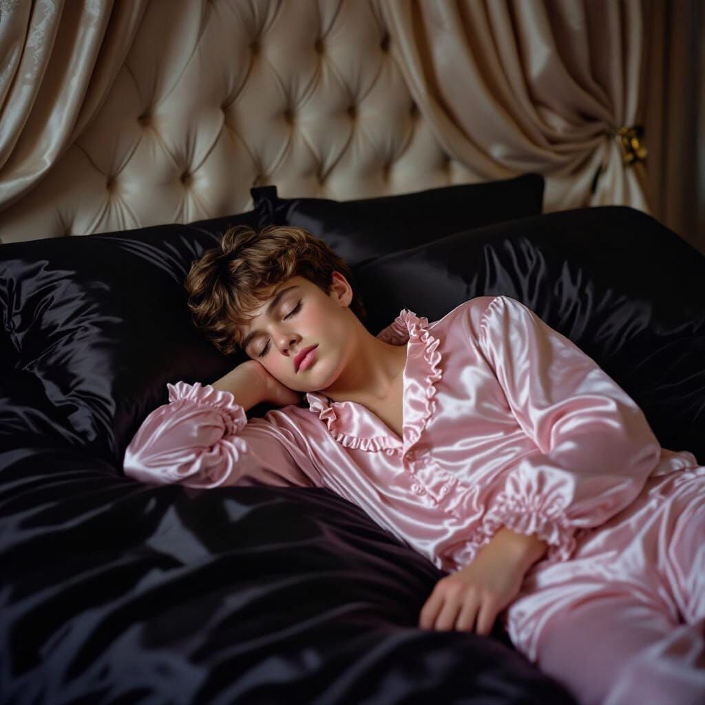 Teenager Sleeps in Pink Pyjamas on Black Satin Bed
