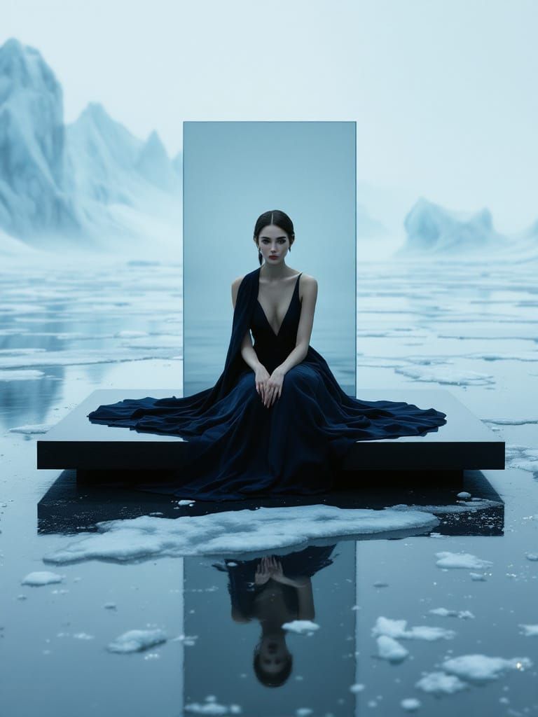 Regal Woman Reflects in Ethereal Frozen Landscape