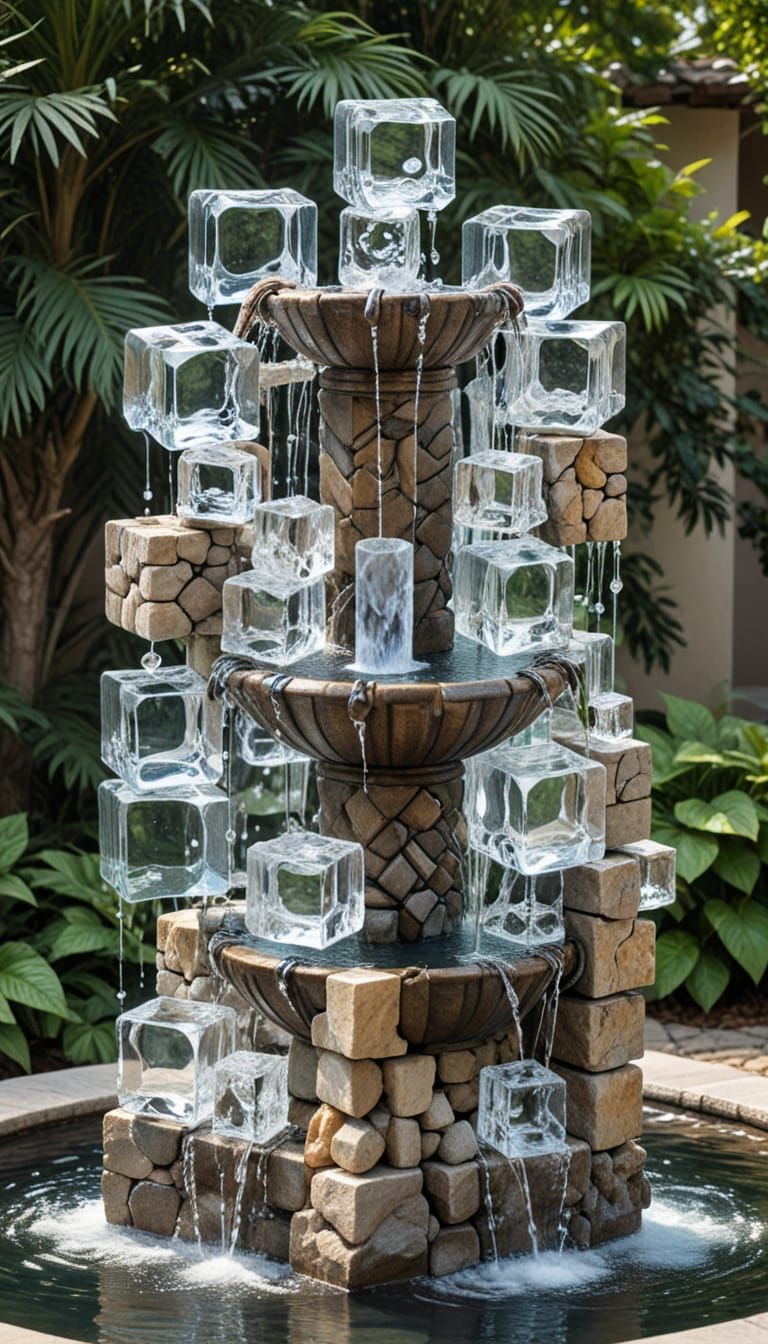 Glass and Stone Cube Fountain Sculpture