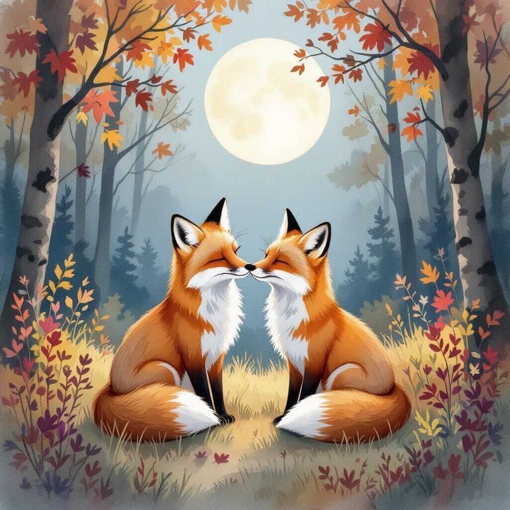 Moonlit Foxes in Autumn, Watercolor Painting