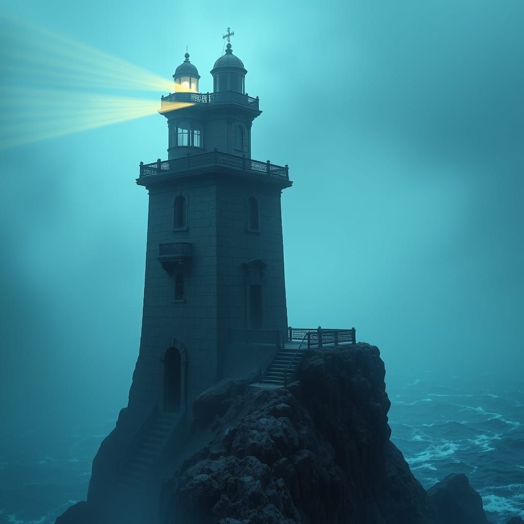 Gothic Lighthouse in Autumn Fog with Eerie Sea Glow