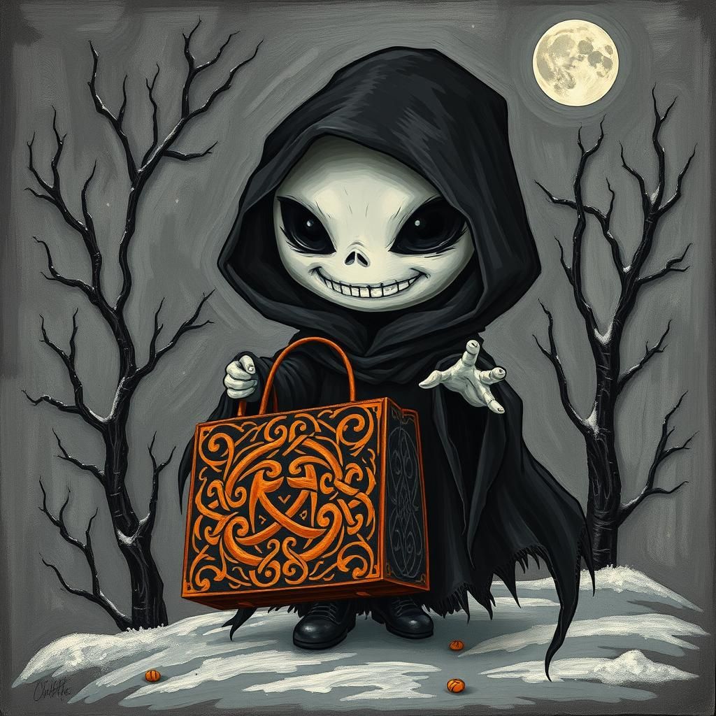 Chibi Specter with Halloween Bag in Surreal Impasto Style