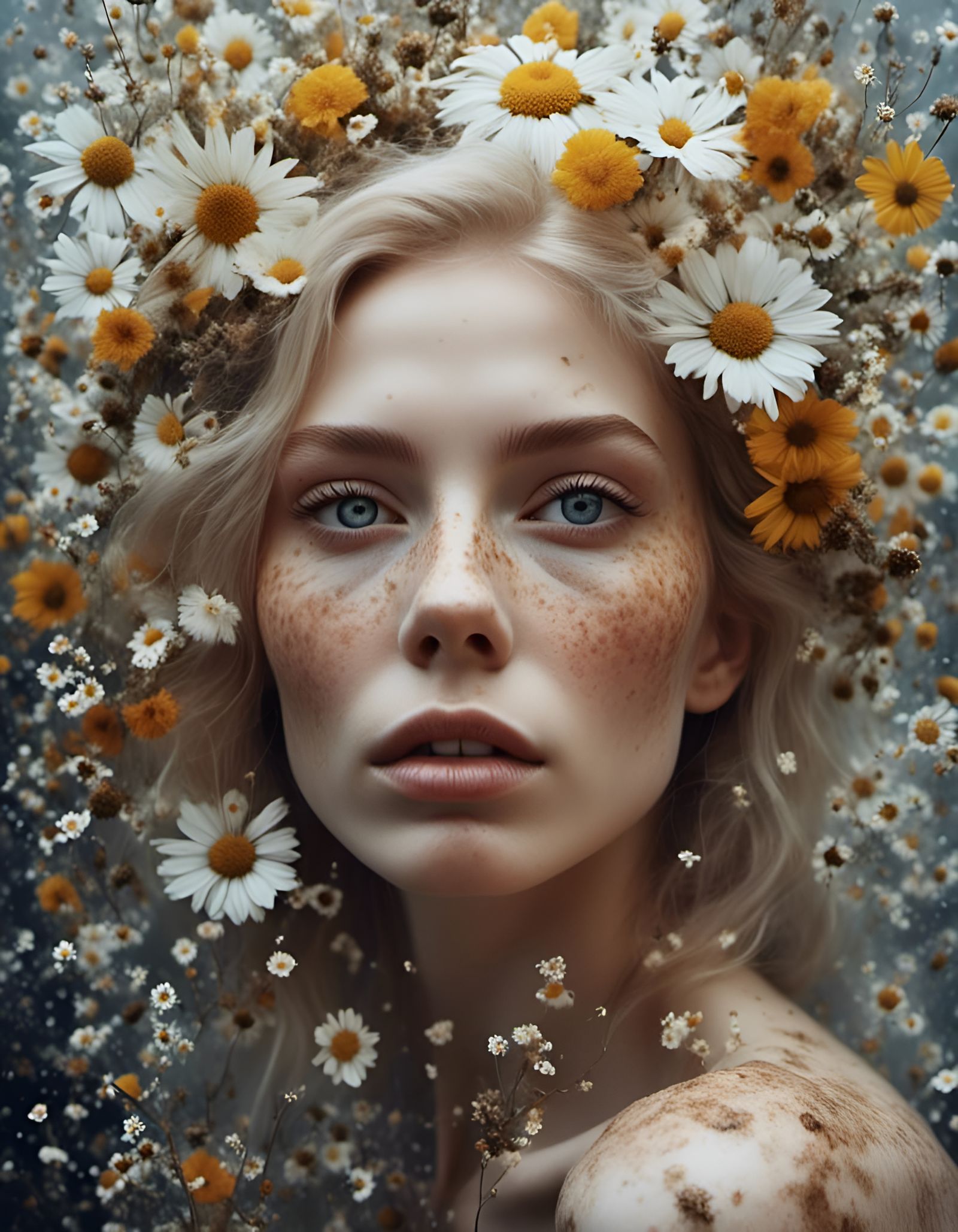 Hyperrealistic Portrait with Freckles and Flowers