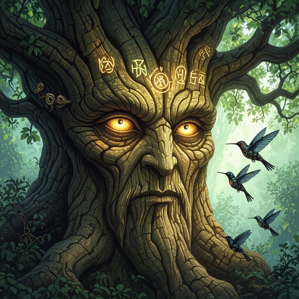 Ancient Tree Whispering Secrets to Mechanical Hummingbirds