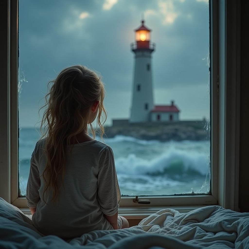 Girl Gazing at Stormy Sea in Oil Painting Style