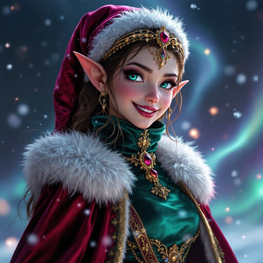 Regal Girl Elf as Modern-Day Santa Claus in Vibrant Velvet C...