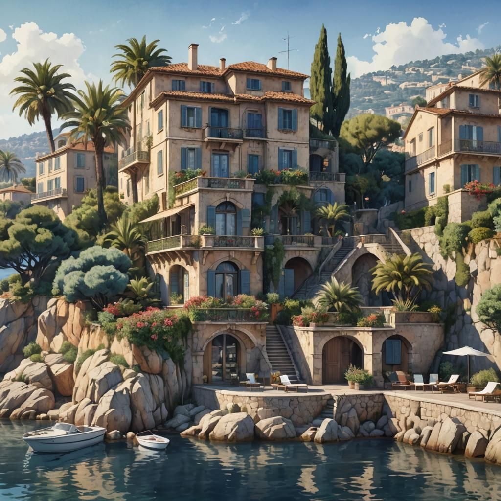 French Riviera Villa in Watercolor Style