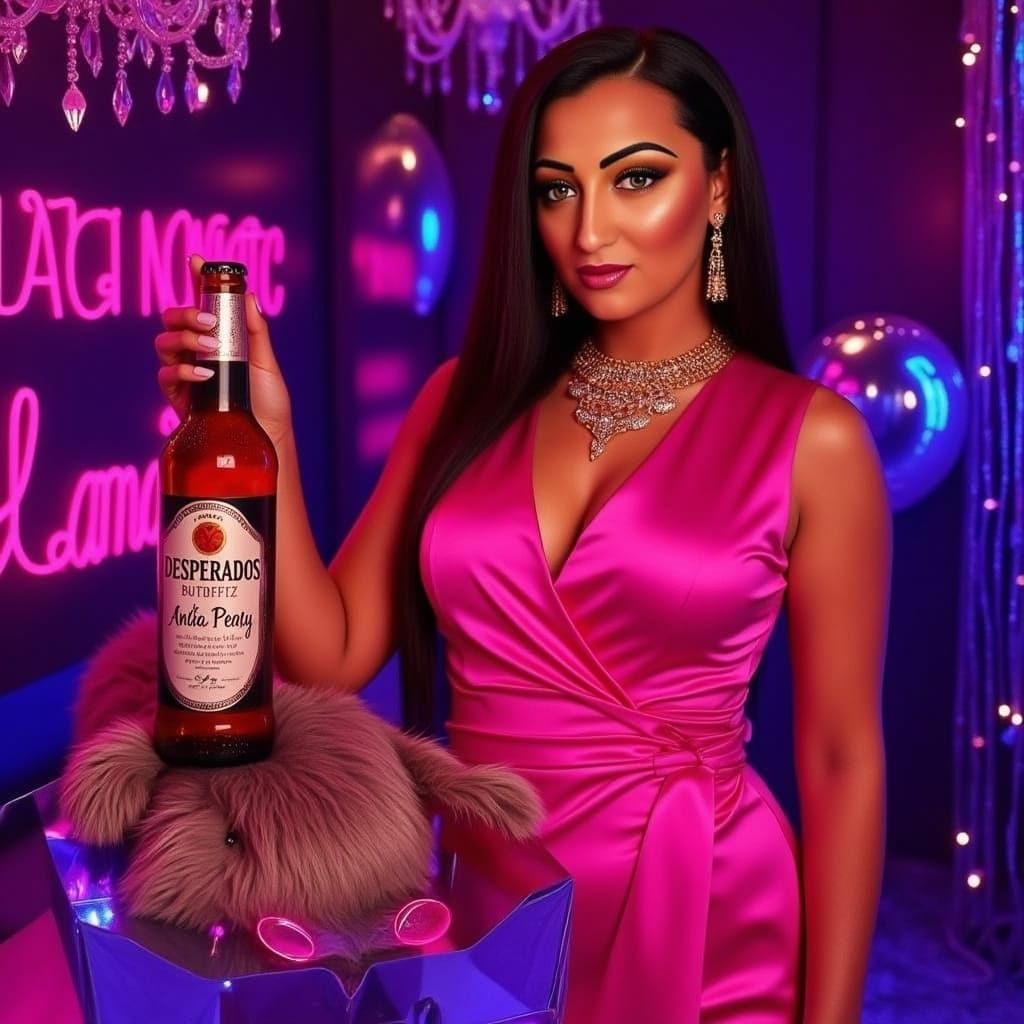 Glamorous Woman in Neon Dress with Dog, Vogue Style