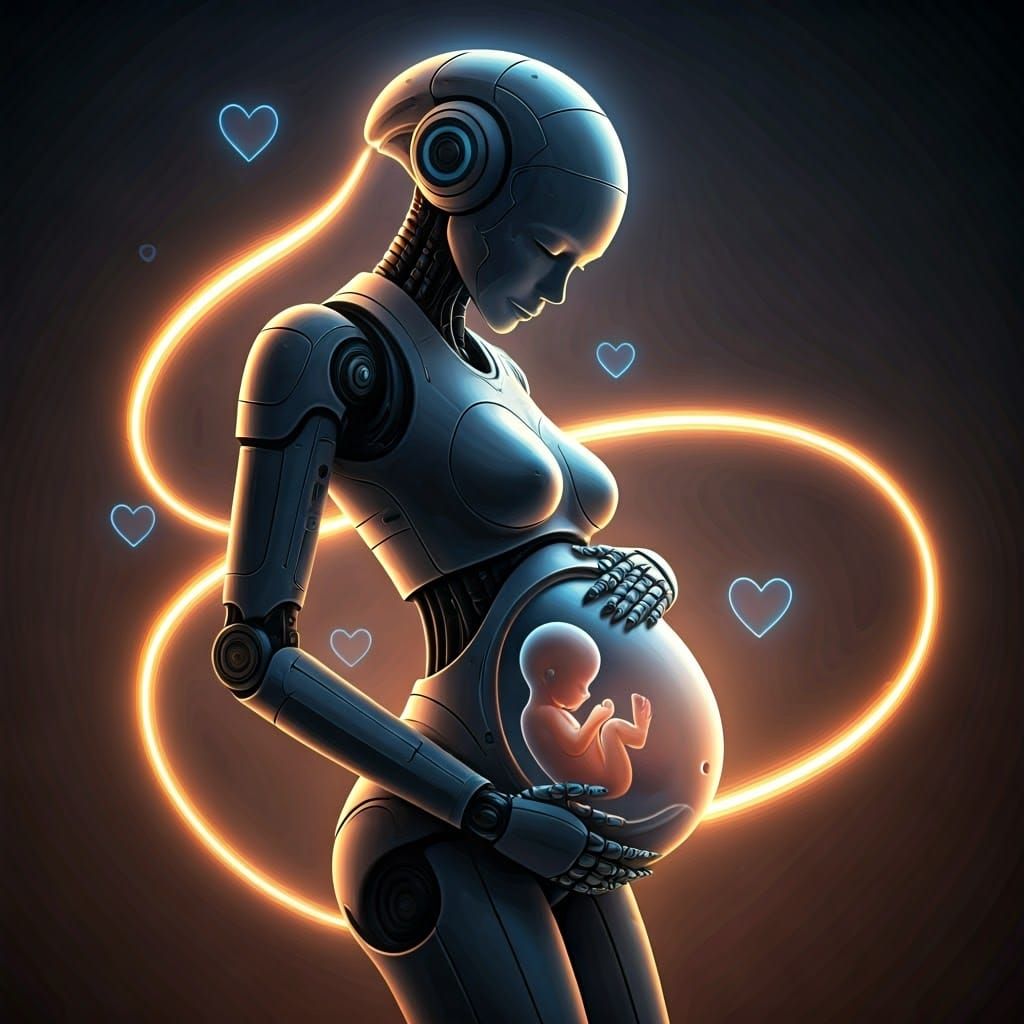Robot Mother with Embryo in Futuristic Setting