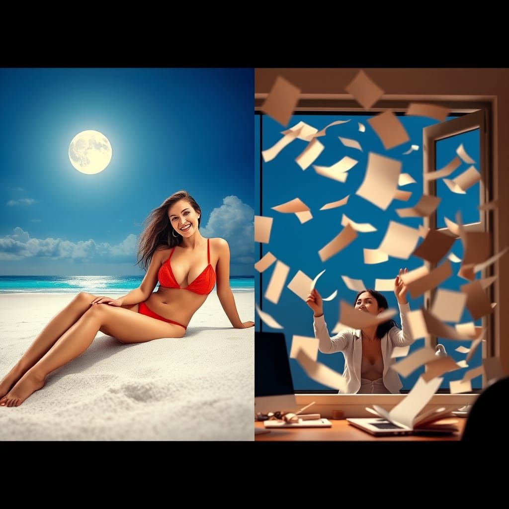 Contrasting Scenes: Tropical Beach vs. Chaotic Office
