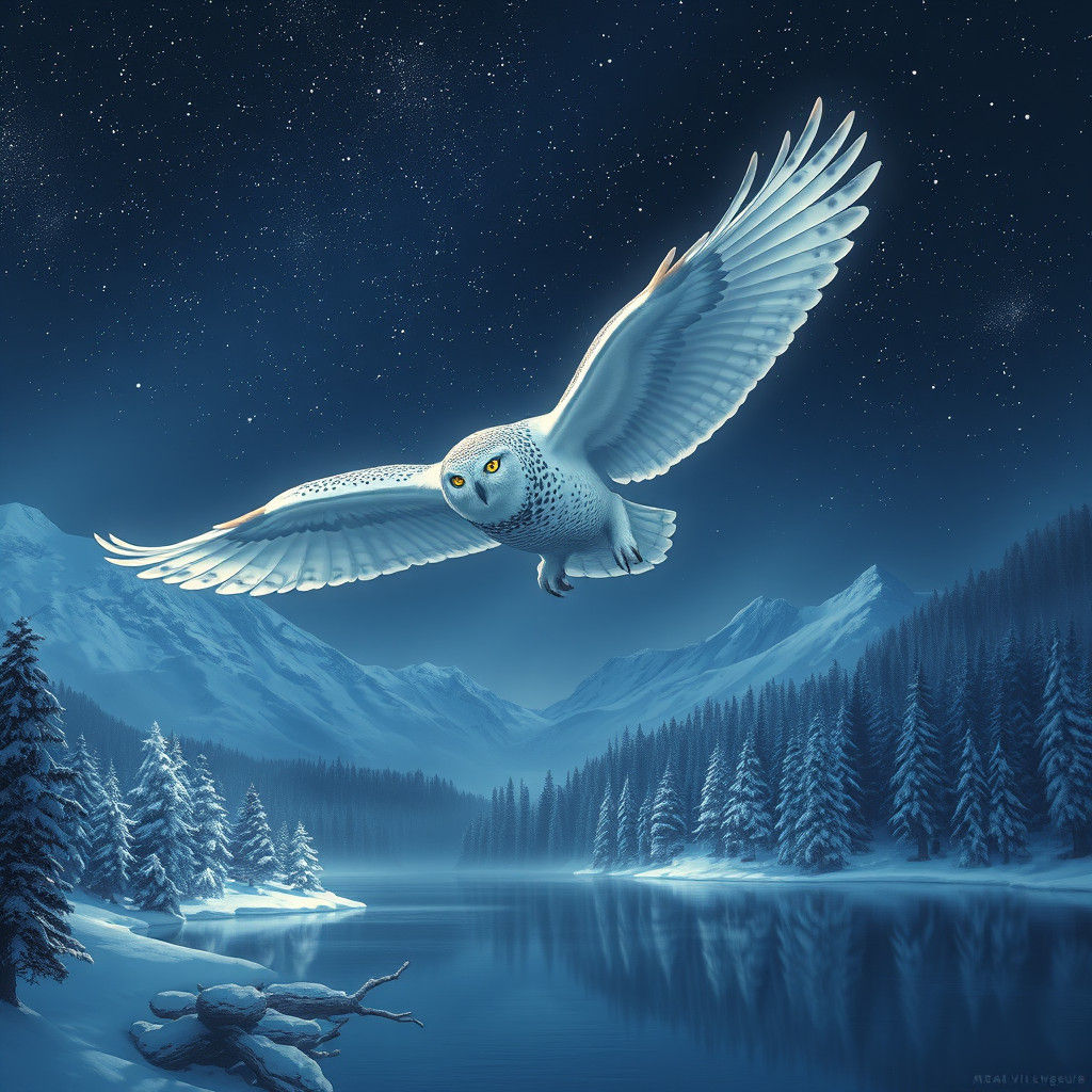 Snowy Owl Soaring on Starlit Night as Matte Painting