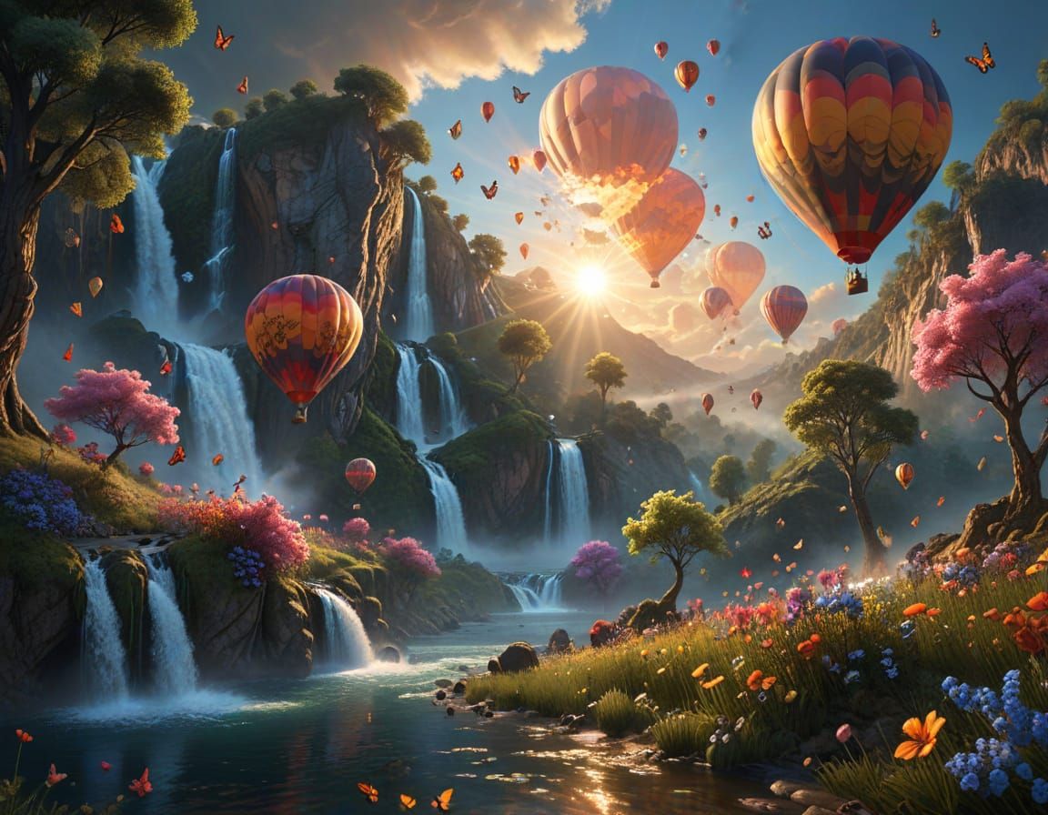Hot Air Balloons Over Fractal Landscape at Sunset