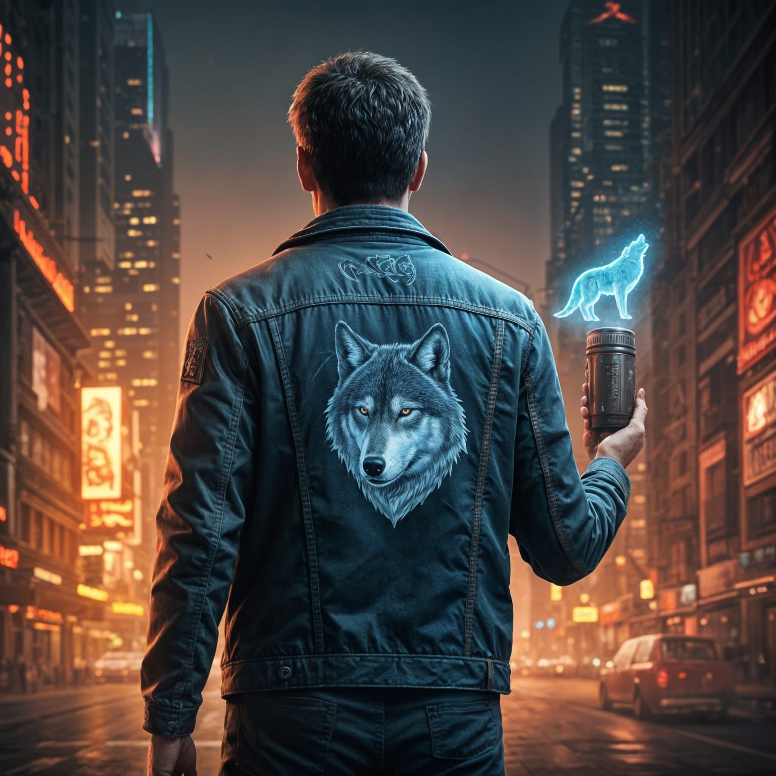 Man Illuminates City with Holographic Wolf Emblem