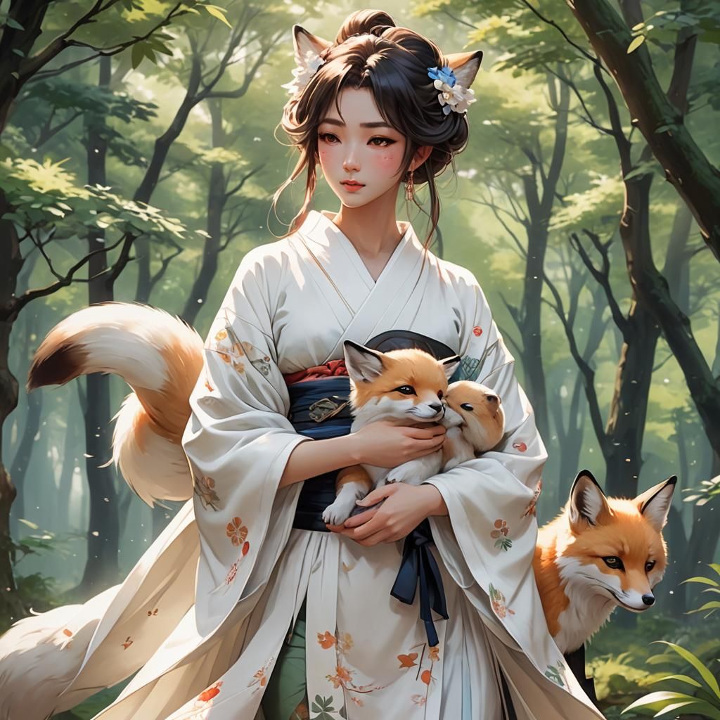 Girl with Baby Fox in Anime Art Style