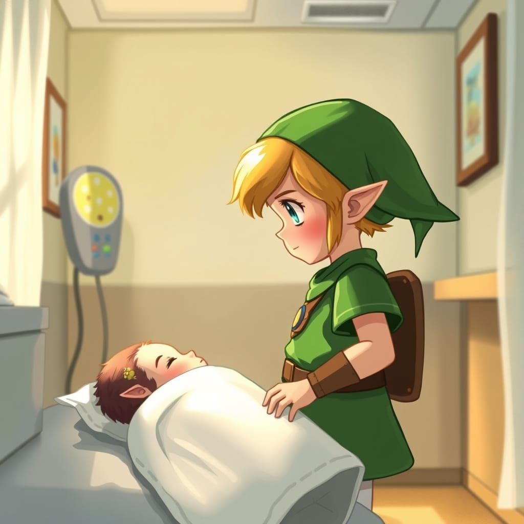 Link Gently Admires Newborn Zelda in Whimsical Hospital Scen...