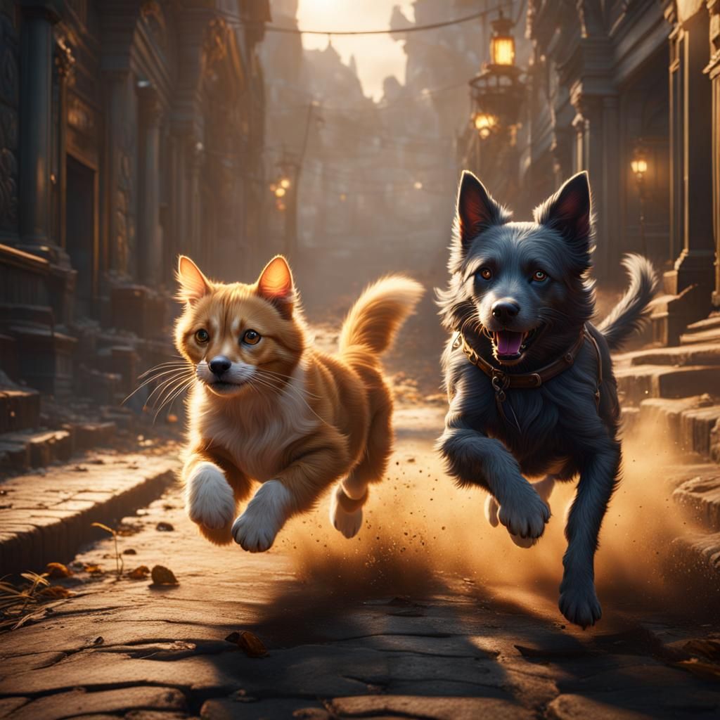 Dog Chasing Cat: Detailed Matte Painting
