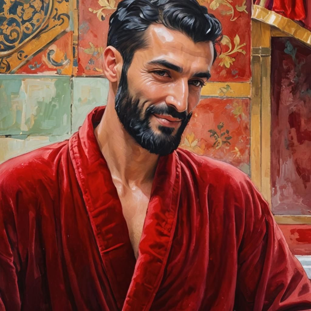 Friendly Man in Red Velvet Bathrobe, Impressionist Style