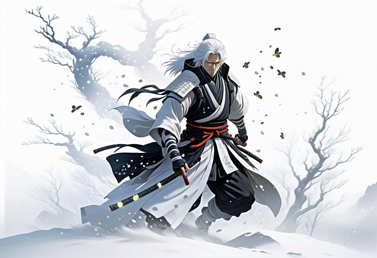 All-white snowscape, fog and fireflies, flowing white haired anime samurai, Dynamic lighting, volumetric lighting, cell-...