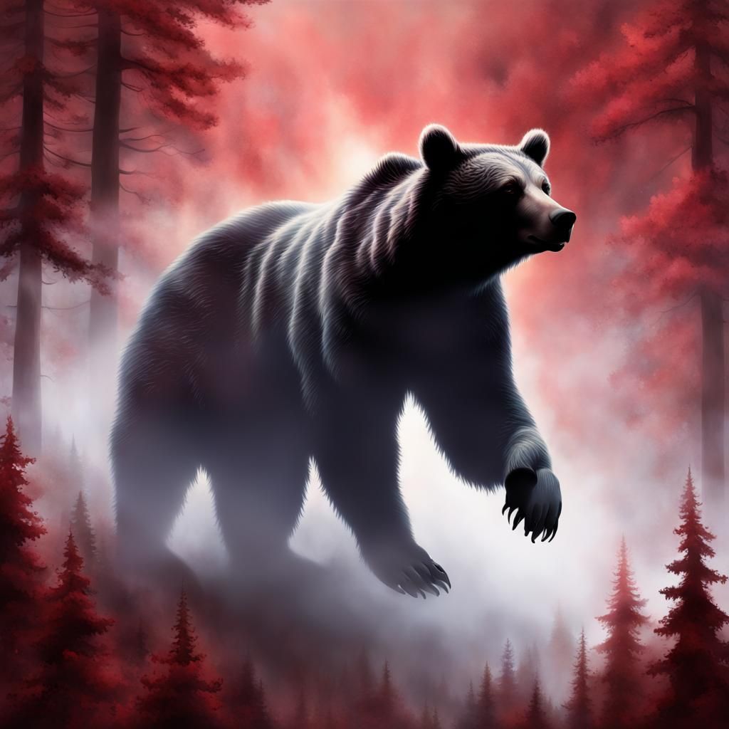 Bear Silhouette in Foggy Forest with Space Nebula