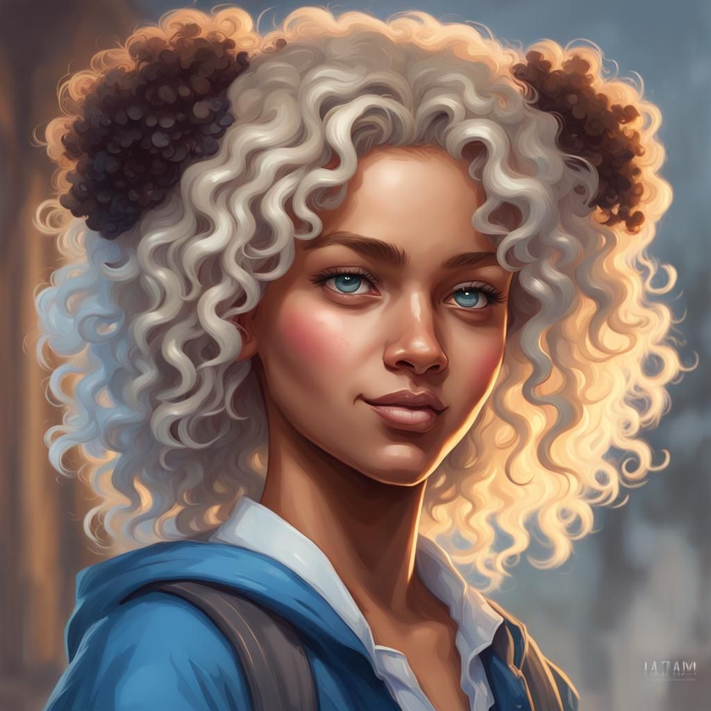 Teen with Blonde Afro and Blue Eyes