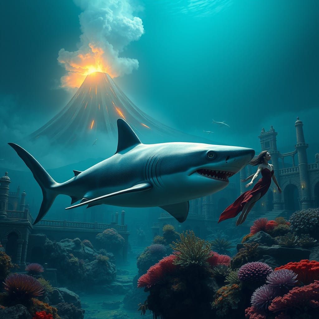 Majestic Shark Surrounded by Atlantis Ruins and Volcano in D...