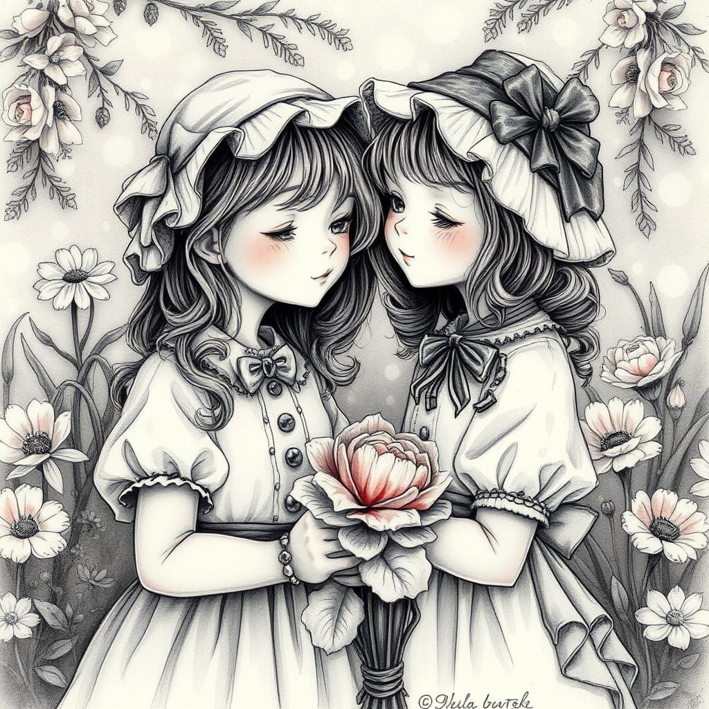 Girls Sharing Secrets in Charcoal and Watercolor