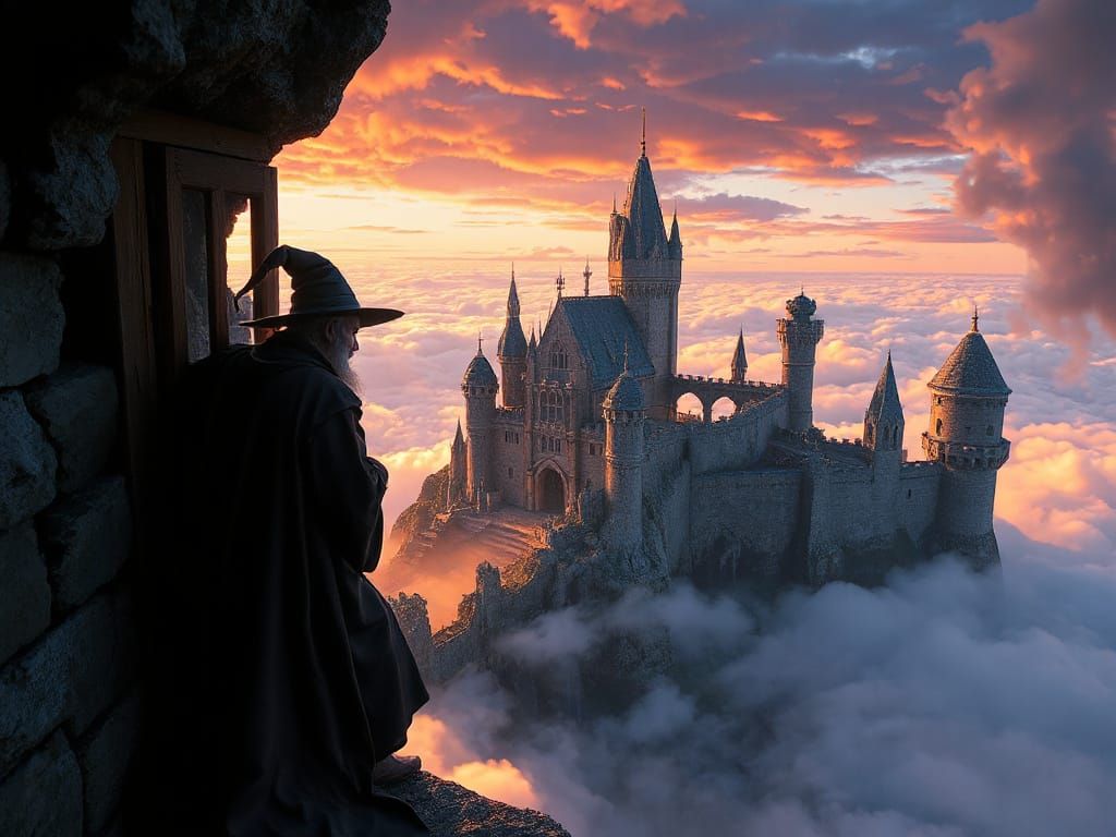 Wizard Gazes From Cloud Castle in Detailed Fantasy Art