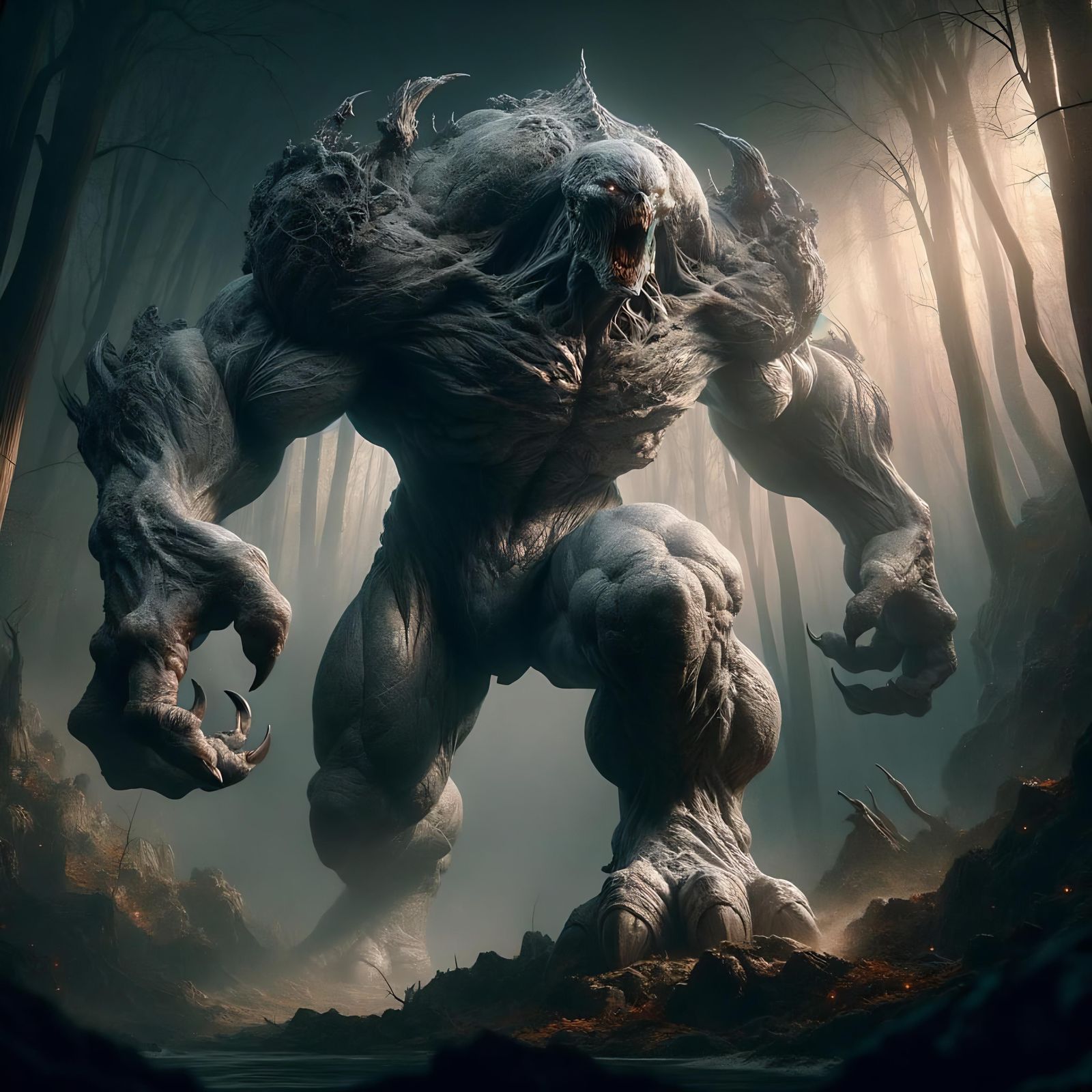 Terrifying Gray Render in Dark Fantasy Landscape