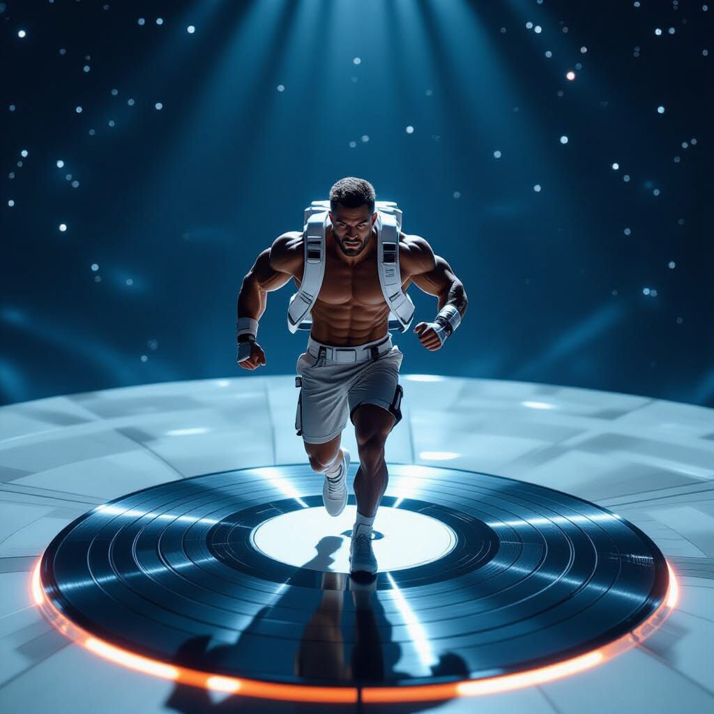 Muscular Man Runs on Giant Vinyl Record in Space