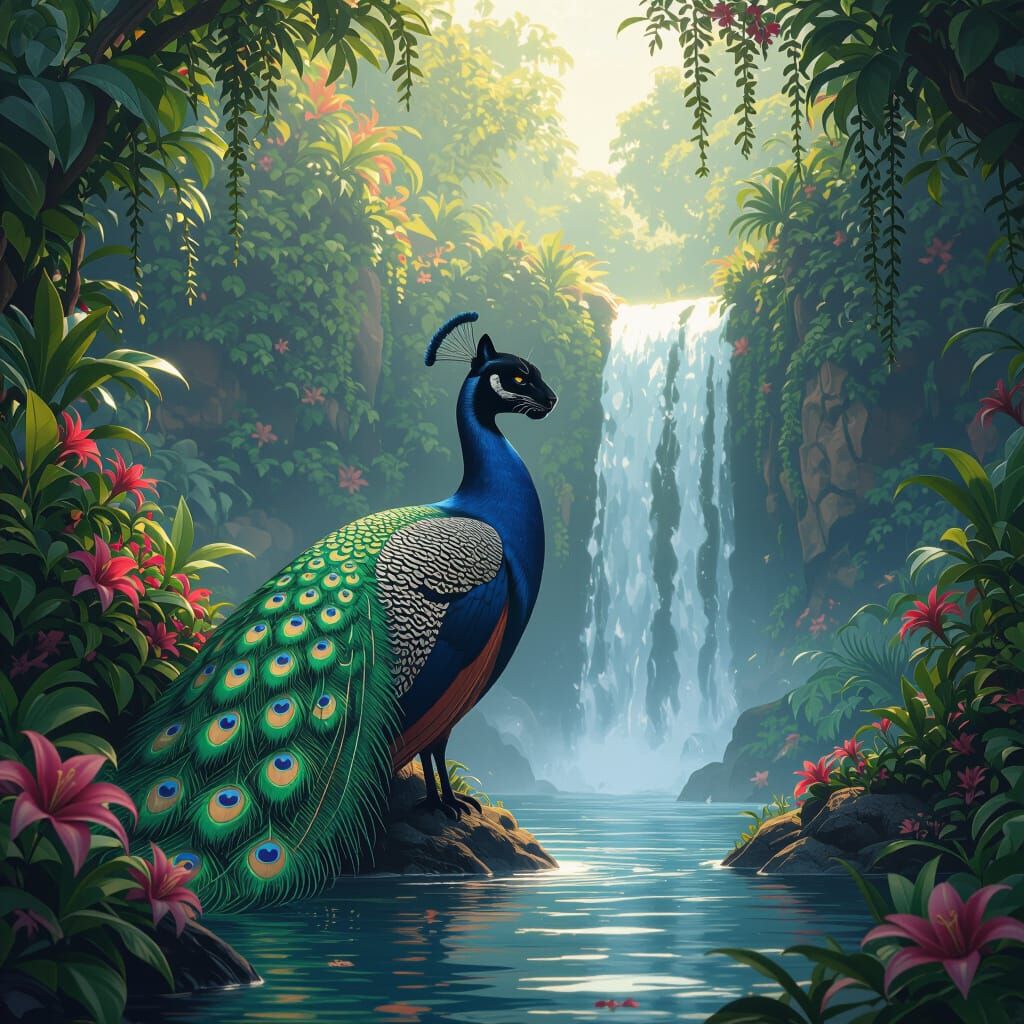 Panther-Headed Peacock Creature at Waterfall in Matte Painti...