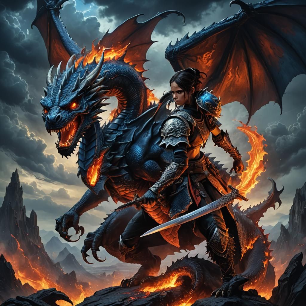 Skull Rider on Dragon in Fiery Fantasy Battle