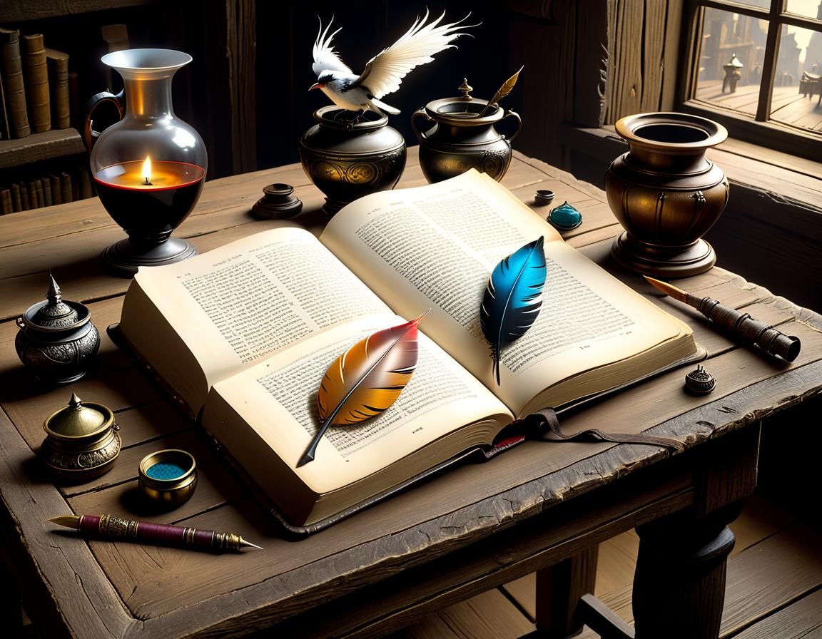 Old Book with Quill in Fantasy Art Style