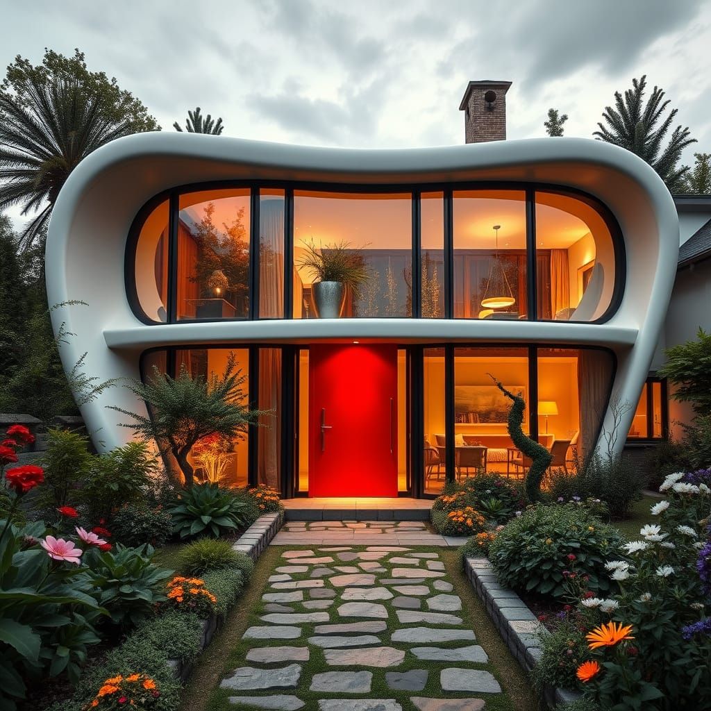 Futuristic Village Oasis with Daring Red Door
