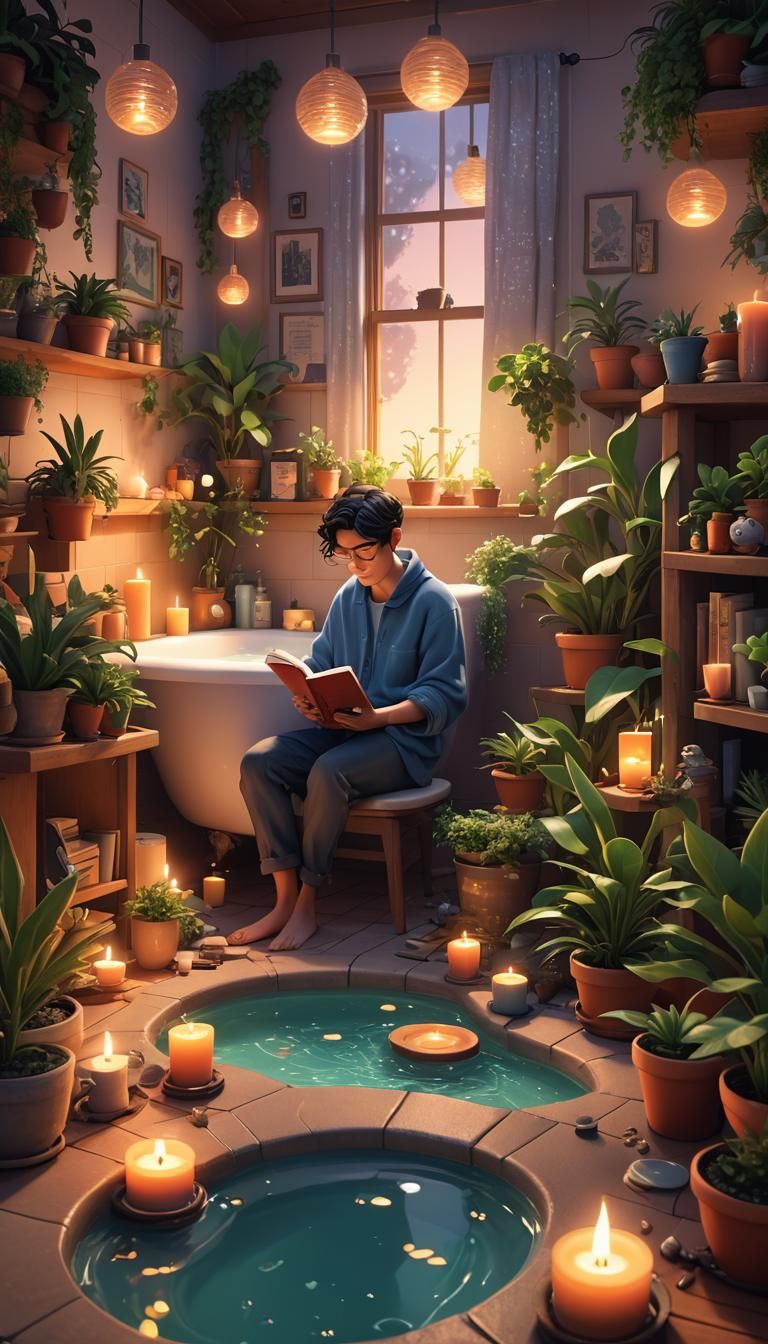 Cozy Scene: Reading, Bathing, Meditating in 3D