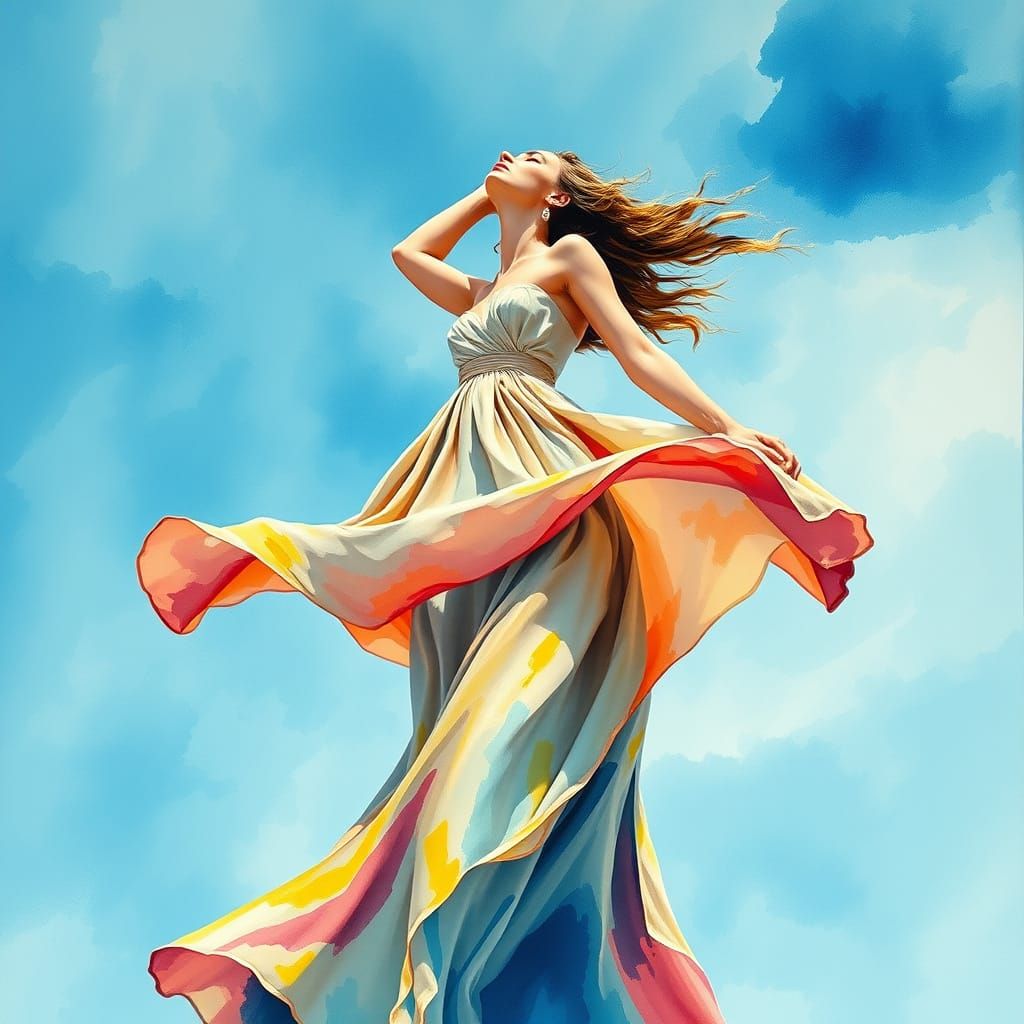 Woman Reaching for Sky in Watercolor Gouache Style