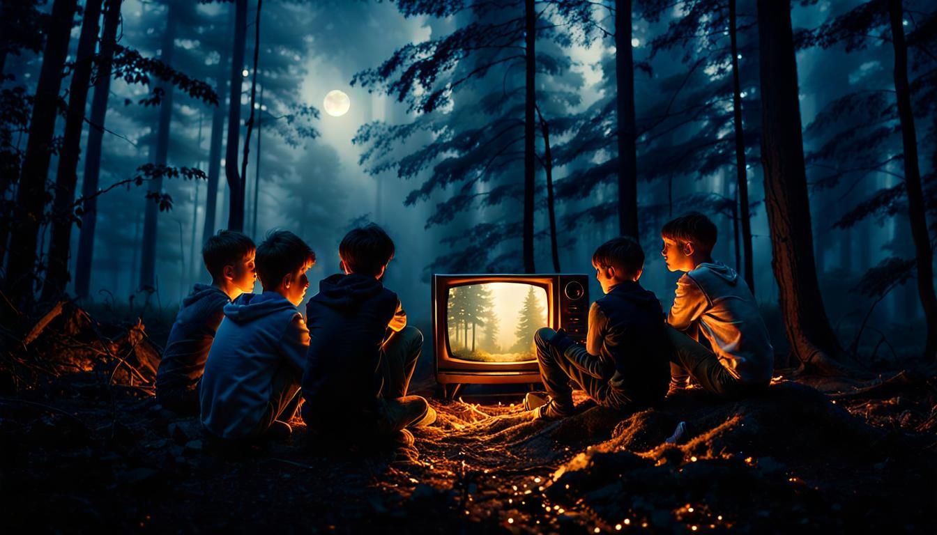 Mystical Forest: Boys Watching TV at Night