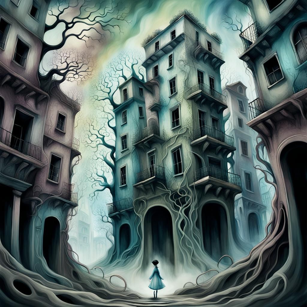 Eerie Dreamscape: A Surreal Cityscape with Lone Figure