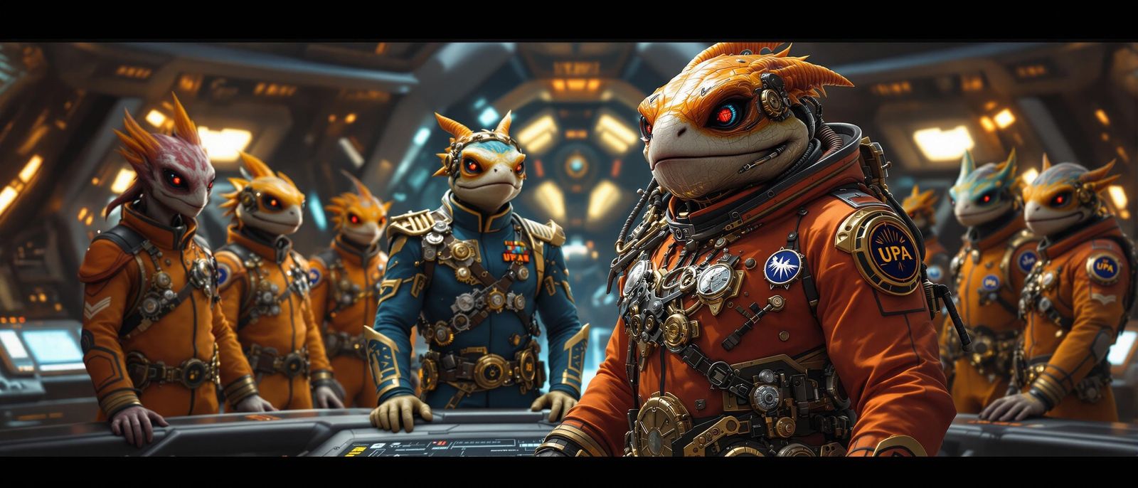 Steampunk Phoenix Captain on Starship Bridge