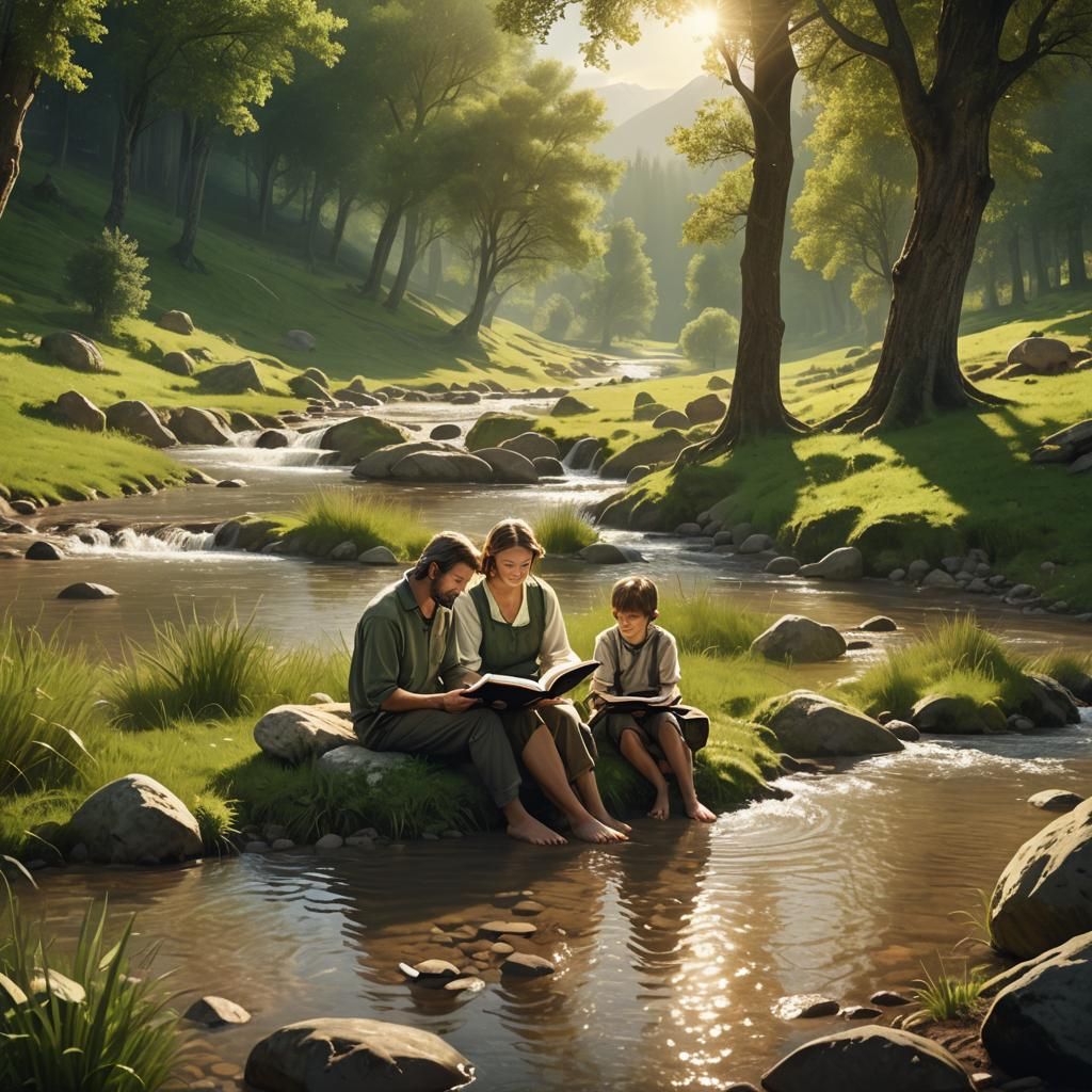 Happy Family Reading in a Serene Valley