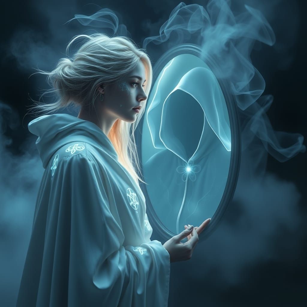 Mystical Mage Gazing into Astral Mirror in Ethereal Horror
