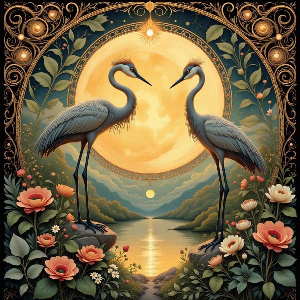 Art Nouveau Cranes and Herons in Moonlight