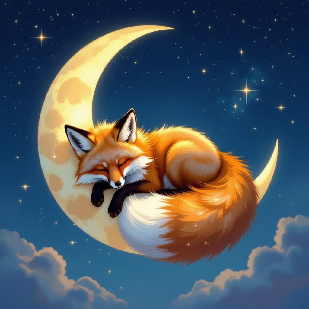 Celestial Fox Asleep on Crescent Moon
