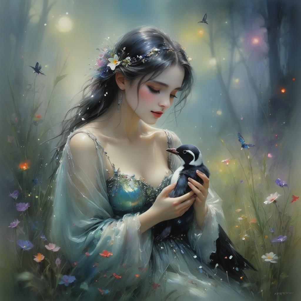 Dreamy Penguin with Firefly in Sumi-e Style