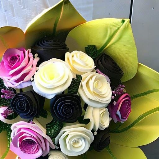 Hand drawn wedding bouquet rich colors strings of pearls shades of white cream and ivory roses beautiful golden tendrils...