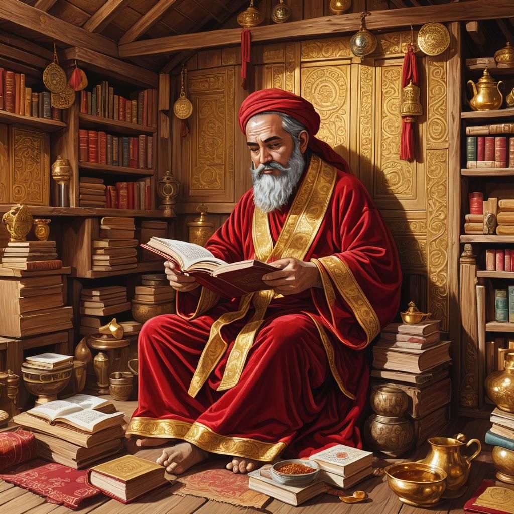 Radiant Dwarf Scholar Reading in a Mountain Hut