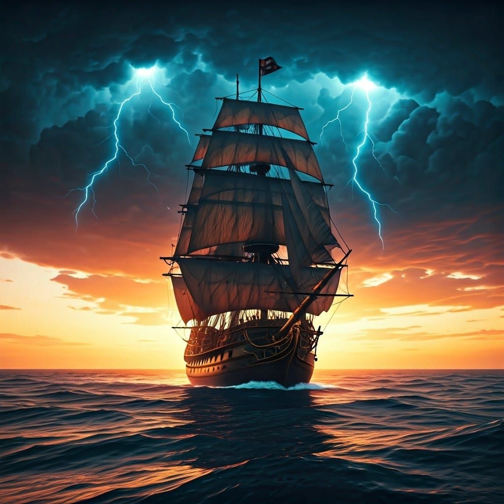 Pirate Ship Amidst Dawn Lightning Storm