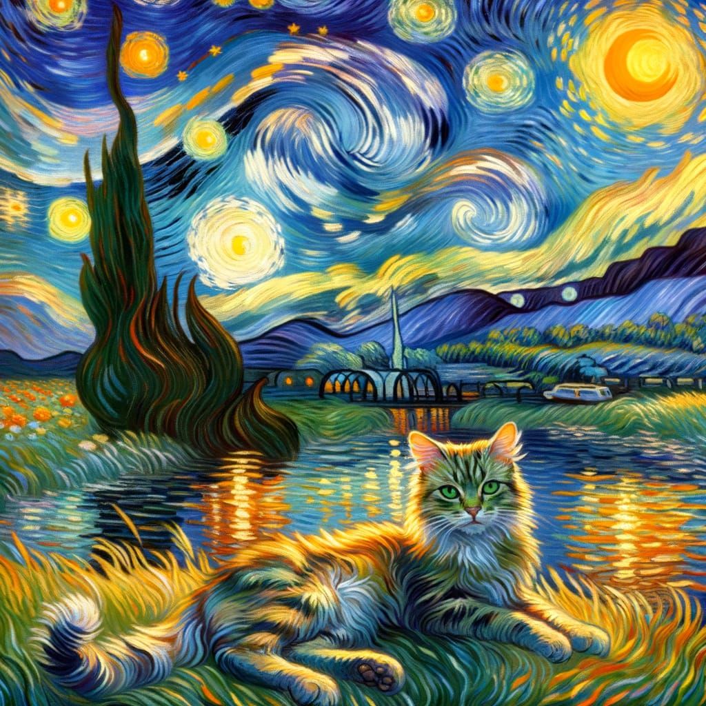 Cat Under Swirling Starry Sky in Van Gogh Monet Style